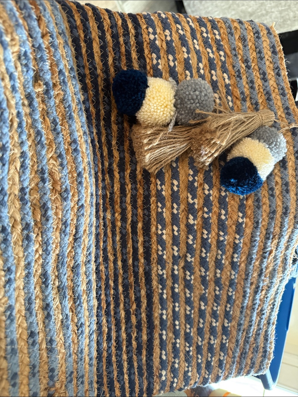 Handwoven Blue and Tan Straw Tote with Pom Tassel - Picture 2 of 5